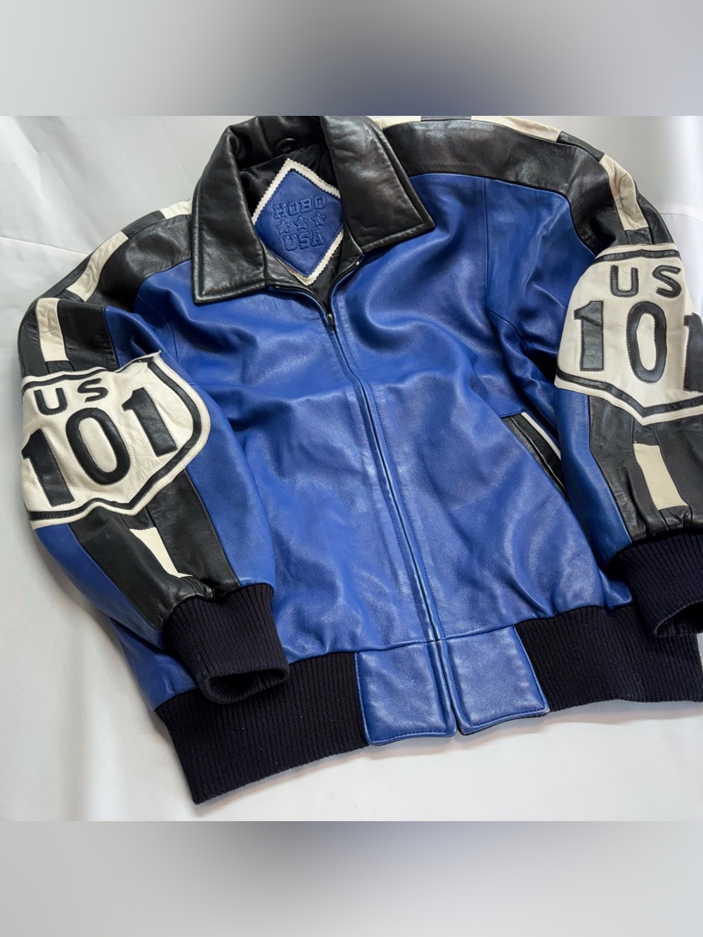 Vintage Michael Hoban Blue, Black and White Leather Varsity Bomber Jacket